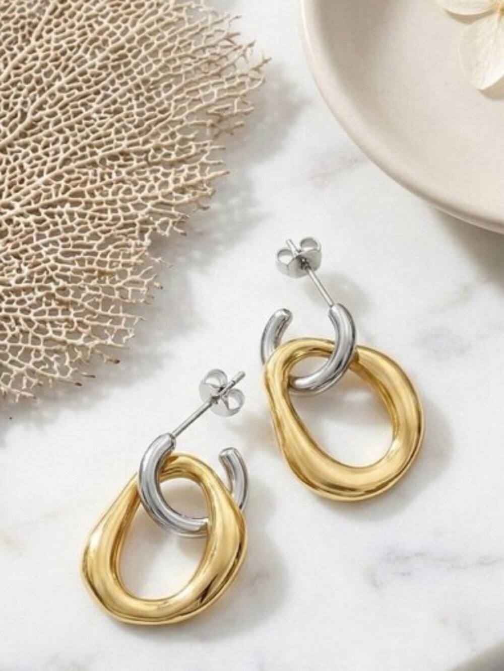Two Tone Convertible Hoop Earrings 18K Gold Plated 316L SS 2in1 Old Money 1.06"